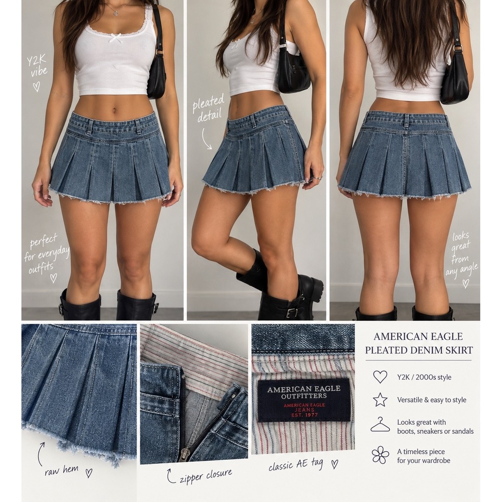 American Eagle Denim Pleated Mini Skirt Medium Wash Y2K Raw Hem Size Medium